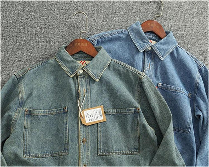 American Casual Men's Long Sve Denim irt Pure Cotton Heavyweight Waed Vintage Workwear Layering irt Jaet