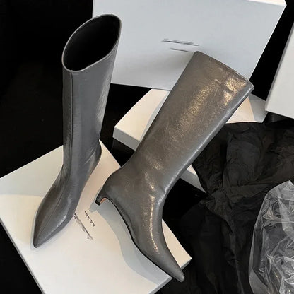 QUTAA News Fashion Winter Women Knee High Boots Pointed Toe Woman Shoes Low Kitten Heels Cow Leather Long Boots Dress Size 34-43