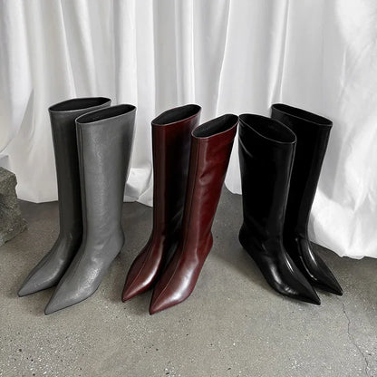 QUTAA News Fashion Winter Women Knee High Boots Pointed Toe Woman Shoes Low Kitten Heels Cow Leather Long Boots Dress Size 34-43