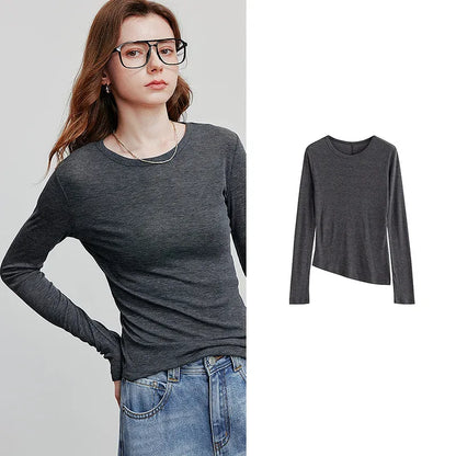 TOYOUTH Women T-shirt  2025 Autumn New Slanted Hem Lyocell Wool Slim Fit Long Sleeve Base Tops