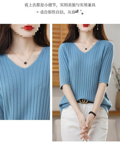 2025 New Spring Summer New Women's V-neck Short-Sleeved Exquisite Cashmere Knitted Sweater Pullover Solid Color