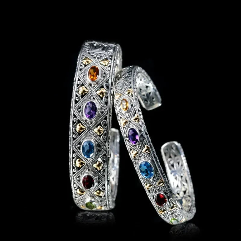 925 Silver Luxury Inlaid Colored Gemstone Bracelet Fashionable Wedding Fine Couple Bangles Jewelry Gift for Girlfriend