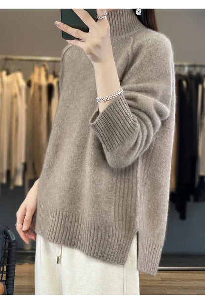 Women's High-Necked Cashmere Sweater 100% Soft Wool Thickened Lazy Raglan Sweater with Slit for Autumn Winter Comfortable Waxy W