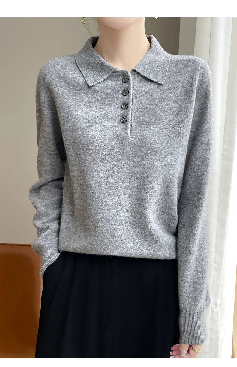 Polo Neck Pullover 100% Merino Wool Women's Solid Color Knit Top Fashion Korean Sweater Autumn and Winter Women's Clothes