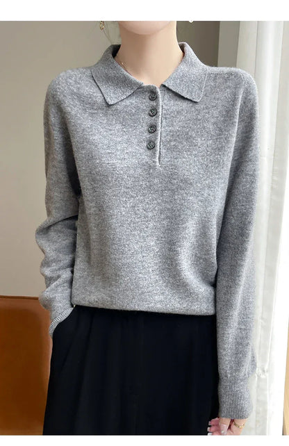 Polo Neck Pullover 100% Merino Wool Women's Solid Color Knit Top Fashion Korean Sweater Autumn and Winter Women's Clothes