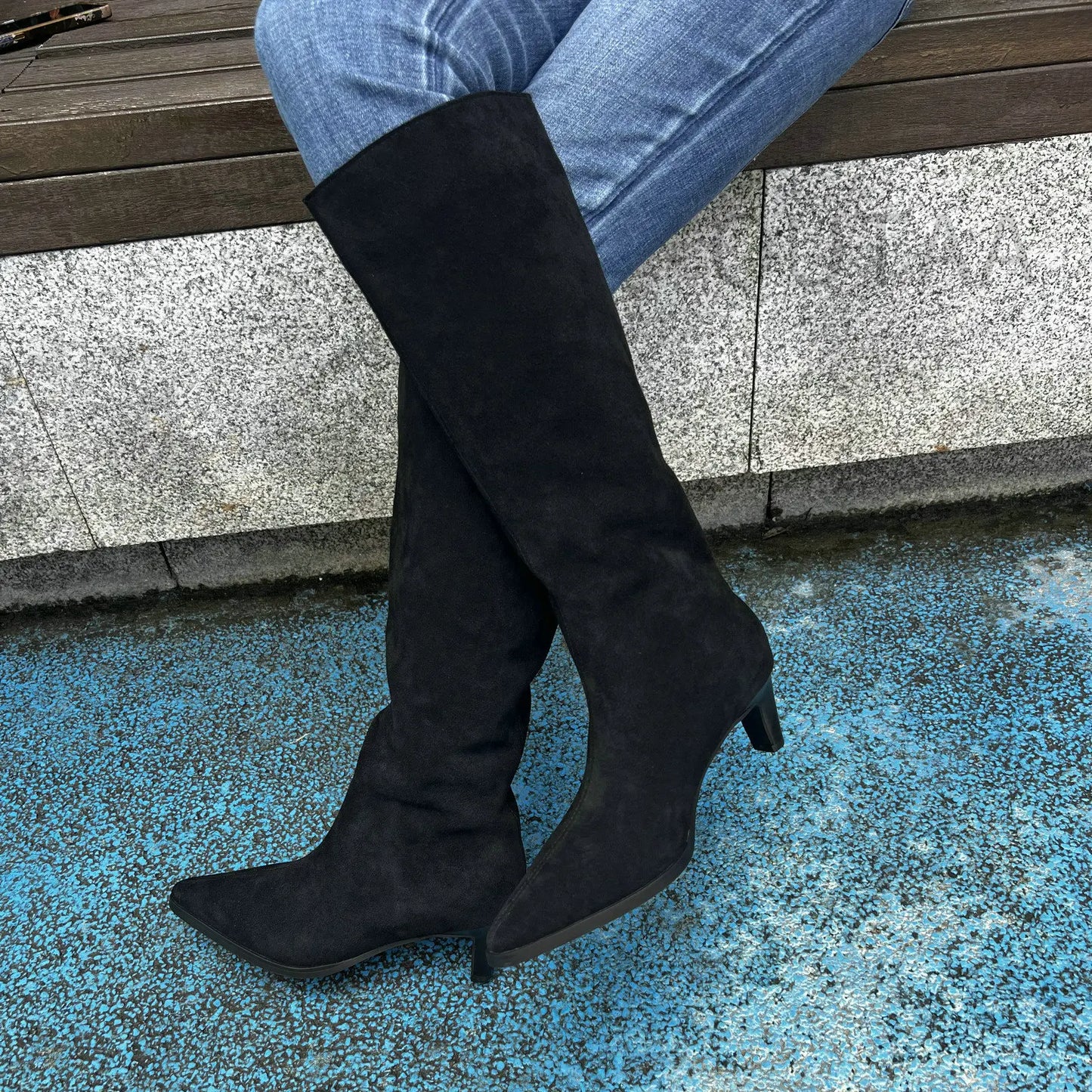 QUTAA Fashion Winter Women Knee High Boots Cow Suede Autumn Shoes Pointed Toe Buckles Chunky High Heels Motorcycle Boots 34-43