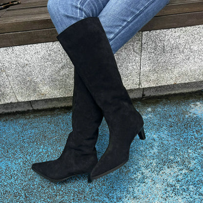 QUTAA Fashion Winter Women Knee High Boots Cow Suede Autumn Shoes Pointed Toe Buckles Chunky High Heels Motorcycle Boots 34-43