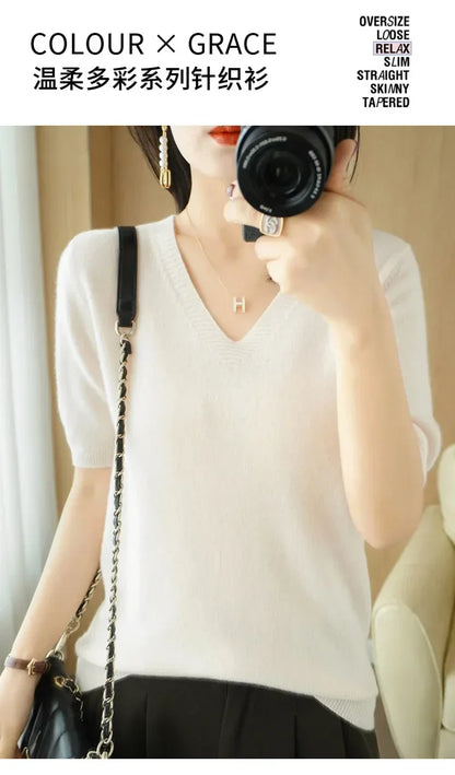 Spring/Summer 2025 Ladies Sweater Pullover Solid Color V-neck Half-sleeved Knitted Cashmere Sweater Thin Casual Top