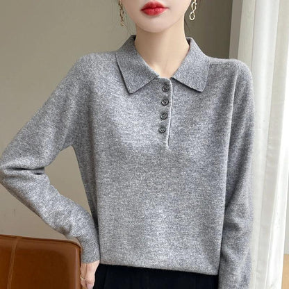 Polo Neck Pullover 100% Merino Wool Women's Solid Color Knit Top Fashion Korean Sweater Autumn and Winter Women's Clothes