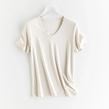 High-end New 10% Silk & Mercerized Cotton Women T-shirt Luxury Tee Short Sleeve Silky Feeling Summer Wear 2025 Tops V / O-neck