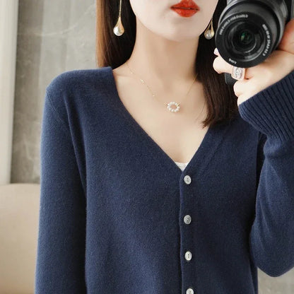 Women Cardigans V-neck Long Sleeve Knitted Outerwear Solid Thin Spring Autumn Sweaters Knitwears Korean Fashion Red Cardigans
