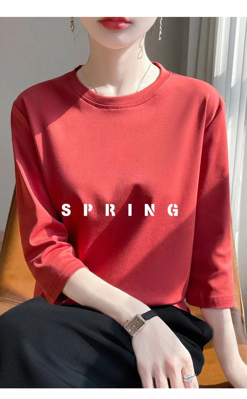 Mercerized Cotton Cropped Sleeve Female Spring And Summer 2023 New Round Neck Loose 100% Cotton Short Sleeve Bottoming T-Shirt