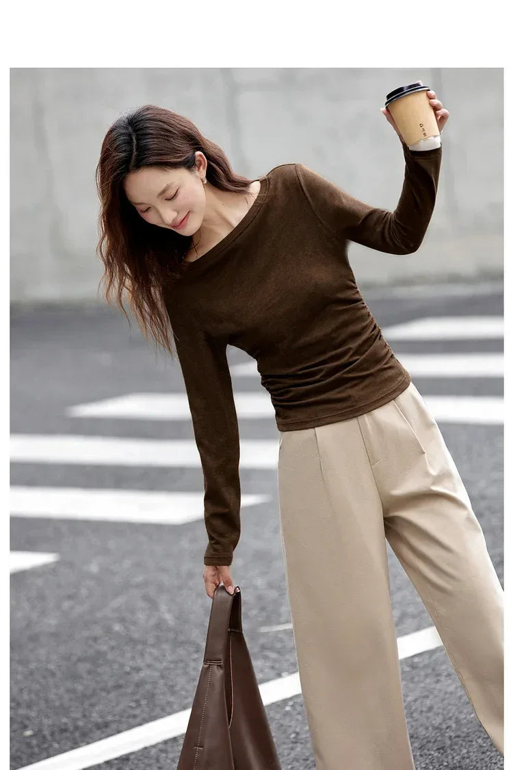 VIMLY Tops Woman 2025 Autumn French Slash Neck Long Sleeve Ladies T-shirts Casual Knitted Slim Fit Strecth Female Tees A3039