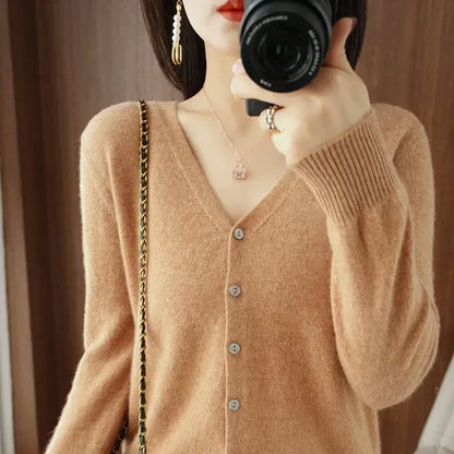 Women Cardigans V-neck Long Sleeve Knitted Outerwear Solid Thin Spring Autumn Sweaters Knitwears Korean Fashion Red Cardigans