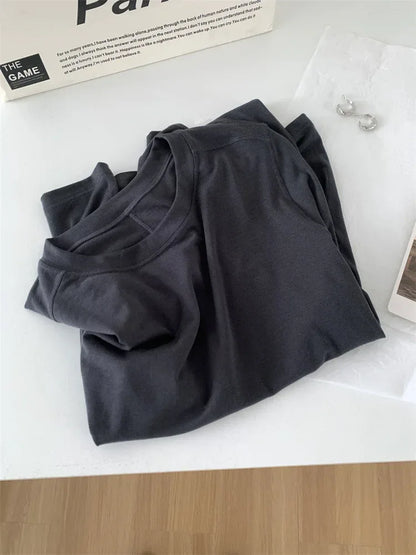 Silk Wool Splice Long Sleeve T-shirt Women Spring Summer Thin Soft Waxy Fit Solid Color Backing Top