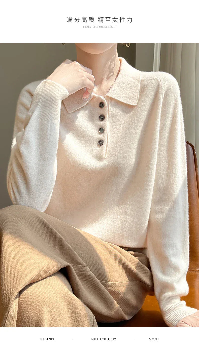 Polo Neck Pullover 100% Merino Wool Women's Solid Color Knit Top Fashion Korean Sweater Autumn and Winter Women's Clothes