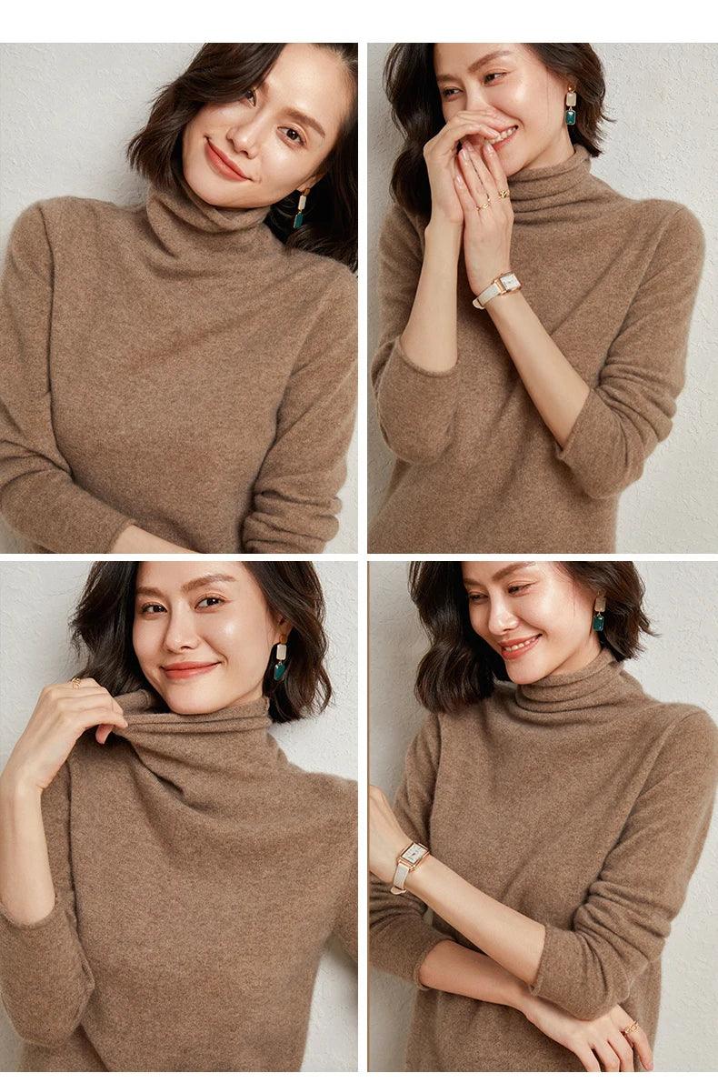 100%Merino Pure Wool Sweater Women's AutumnWinter Long Sleeve High Neck Pullover Warm High Quality Solid Color Basic Knit Jumper