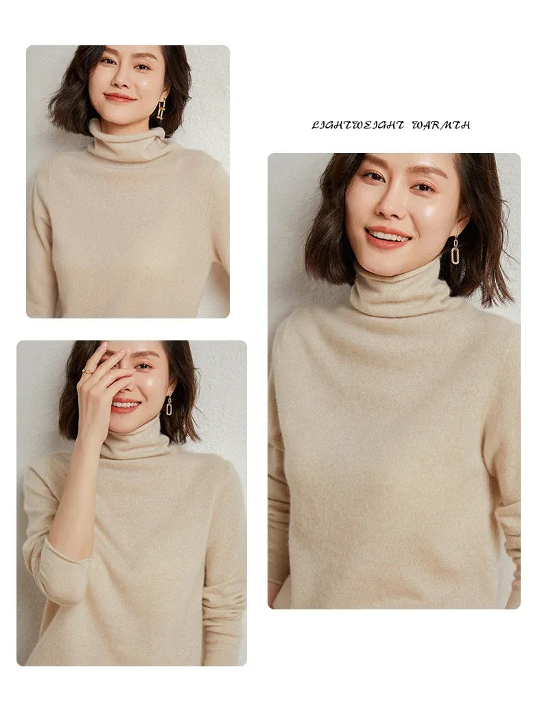 100%Merino Pure Wool Sweater Women's AutumnWinter Long Sleeve High Neck Pullover Warm High Quality Solid Color Basic Knit Jumper