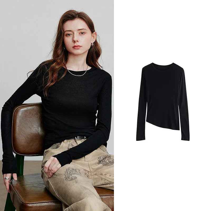 TOYOUTH Women T-shirt  2025 Autumn New Slanted Hem Lyocell Wool Slim Fit Long Sleeve Base Tops