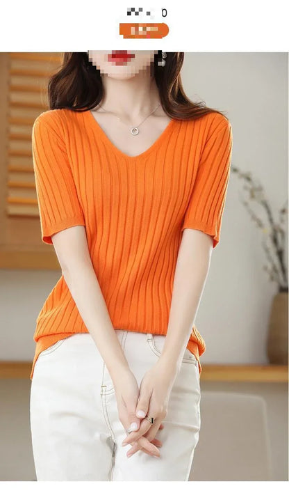 2025 New Spring Summer New Women's V-neck Short-Sleeved Exquisite Cashmere Knitted Sweater Pullover Solid Color