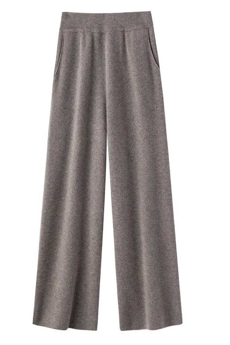 Elegant Pure High Waist Drooping Wide-Leg Pants Women's Outer Wear with Pockets Baggy Straight Trousers Knitted Mop Trousers