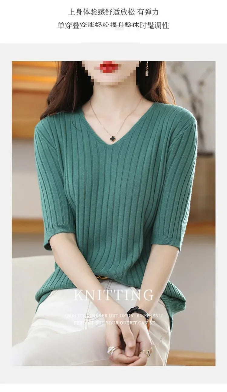 2025 New Spring Summer New Women's V-neck Short-Sleeved Exquisite Cashmere Knitted Sweater Pullover Solid Color