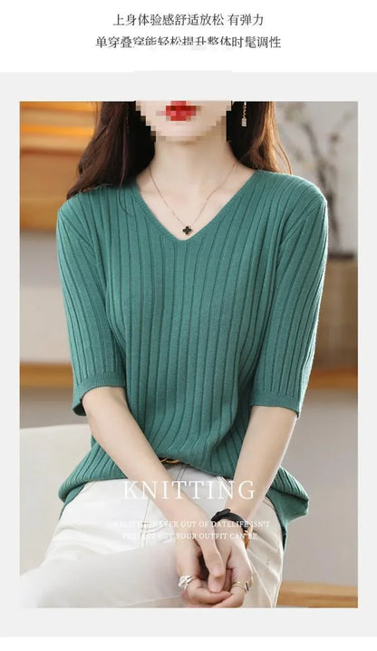 2025 New Spring Summer New Women's V-neck Short-Sleeved Exquisite Cashmere Knitted Sweater Pullover Solid Color