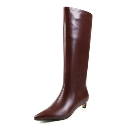 QUTAA News Fashion Winter Women Knee High Boots Pointed Toe Woman Shoes Low Kitten Heels Cow Leather Long Boots Dress Size 34-43
