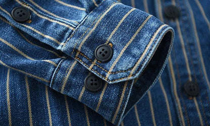 Retro Japanese Sle Men's Denim irt Cotton Long Sve Waed Striped Workwear Loose Fit Outerwear Faion Urban Youth