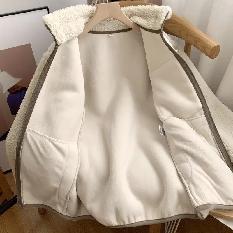 Autumn and Winter Japanese Men's and Women's Fleece Stand Neck Jacket Couple Zipper Loose Warm Lamb Wool Coat Solid Color Jacket