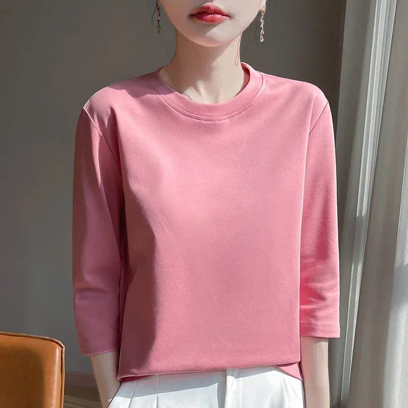 Mercerized Cotton Cropped Sleeve Female Spring And Summer 2023 New Round Neck Loose 100% Cotton Short Sleeve Bottoming T-Shirt