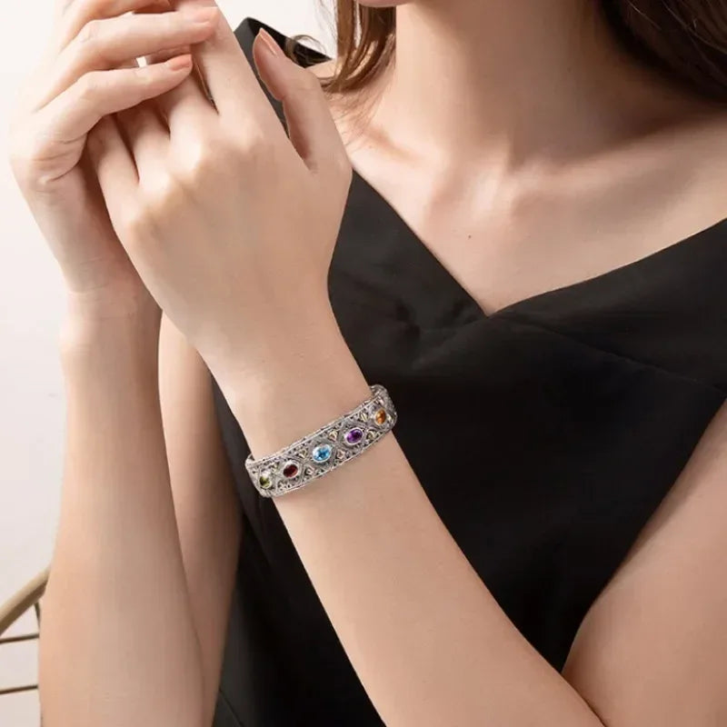 925 Silver Luxury Inlaid Colored Gemstone Bracelet Fashionable Wedding Fine Couple Bangles Jewelry Gift for Girlfriend