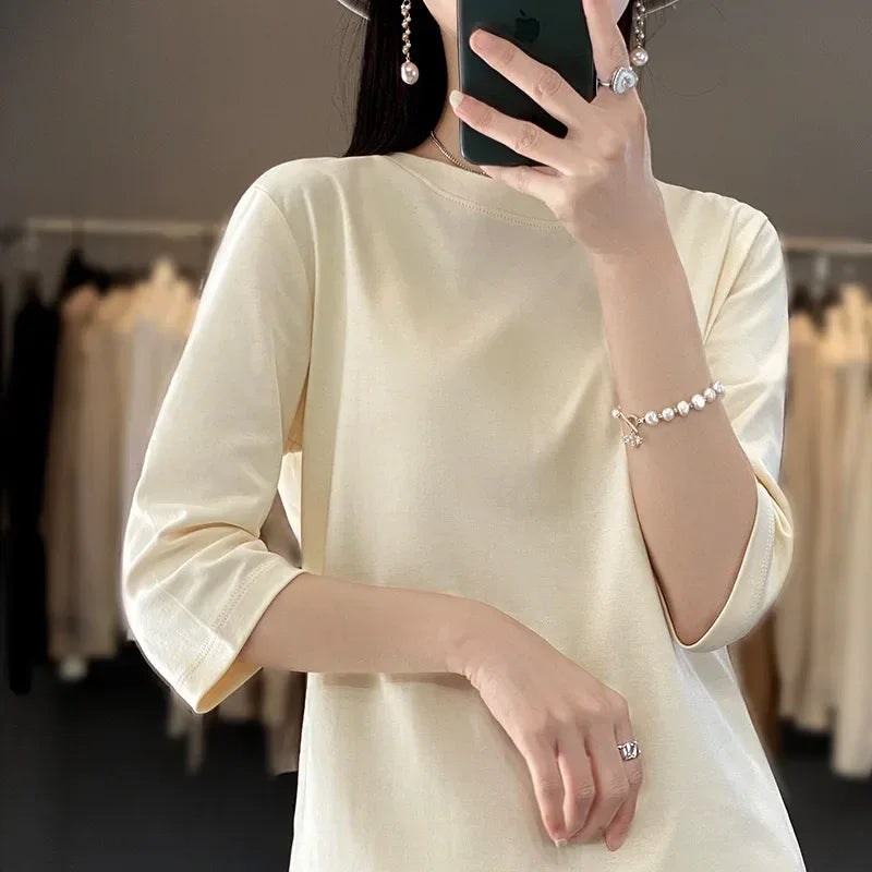 Mercerized Cotton Cropped Sleeve Female Spring And Summer 2023 New Round Neck Loose 100% Cotton Short Sleeve Bottoming T-Shirt