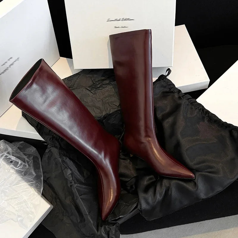 QUTAA News Fashion Winter Women Knee High Boots Pointed Toe Woman Shoes Low Kitten Heels Cow Leather Long Boots Dress Size 34-43