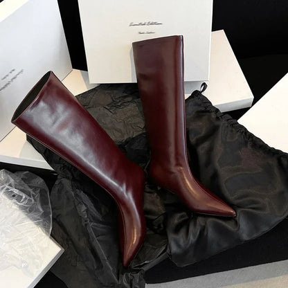 QUTAA News Fashion Winter Women Knee High Boots Pointed Toe Woman Shoes Low Kitten Heels Cow Leather Long Boots Dress Size 34-43