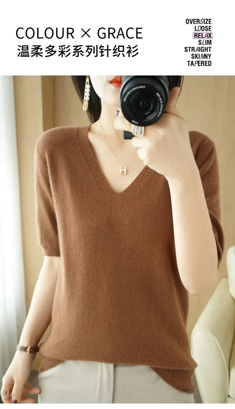 Spring/Summer 2025 Ladies Sweater Pullover Solid Color V-neck Half-sleeved Knitted Cashmere Sweater Thin Casual Top
