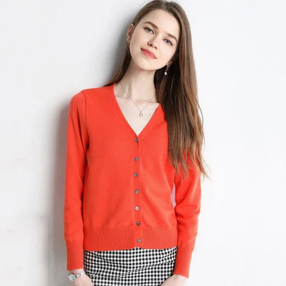 Women Cardigans V-neck Long Sleeve Knitted Outerwear Solid Thin Spring Autumn Sweaters Knitwears Korean Fashion Red Cardigans