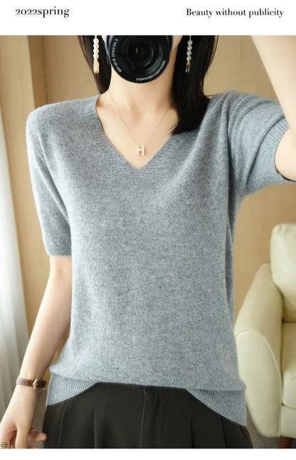 Spring/Summer 2025 Ladies Sweater Pullover Solid Color V-neck Half-sleeved Knitted Cashmere Sweater Thin Casual Top