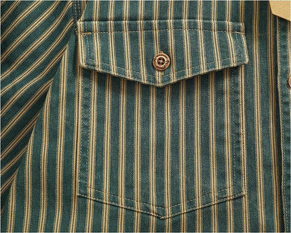Retro Waed Distred Blue Vertical Stripe Trendy Denim irt Men's Loose American Long Sve Workwear irt Coat