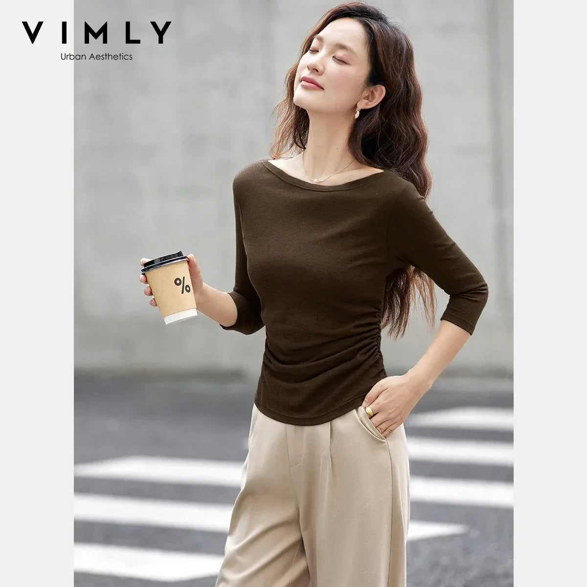 VIMLY Tops Woman 2025 Autumn French Slash Neck Long Sleeve Ladies T-shirts Casual Knitted Slim Fit Strecth Female Tees A3039