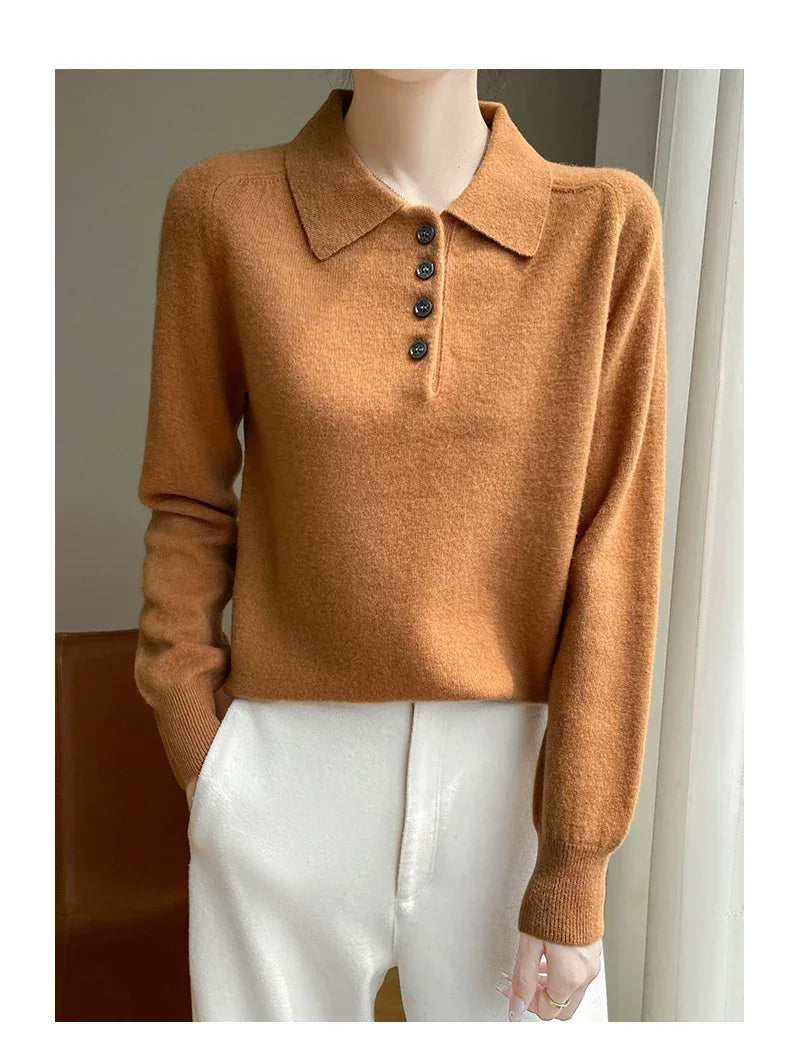 Polo Neck Pullover 100% Merino Wool Women's Solid Color Knit Top Fashion Korean Sweater Autumn and Winter Women's Clothes