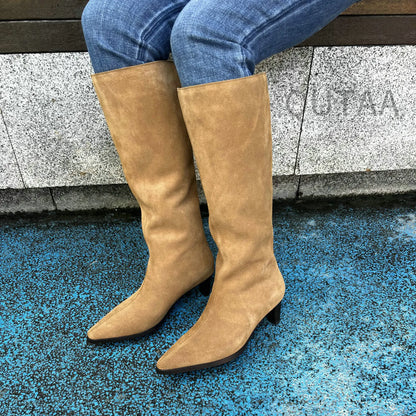 QUTAA Fashion Winter Women Knee High Boots Cow Suede Autumn Shoes Pointed Toe Buckles Chunky High Heels Motorcycle Boots 34-43