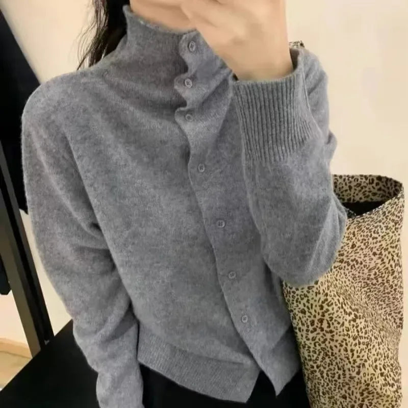 French-style high-neck 100 pure cashmere knitted cardigan for women's autumn and winter loose sweater with wool base coat