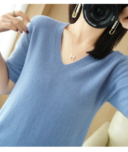 Spring/Summer 2025 Ladies Sweater Pullover Solid Color V-neck Half-sleeved Knitted Cashmere Sweater Thin Casual Top