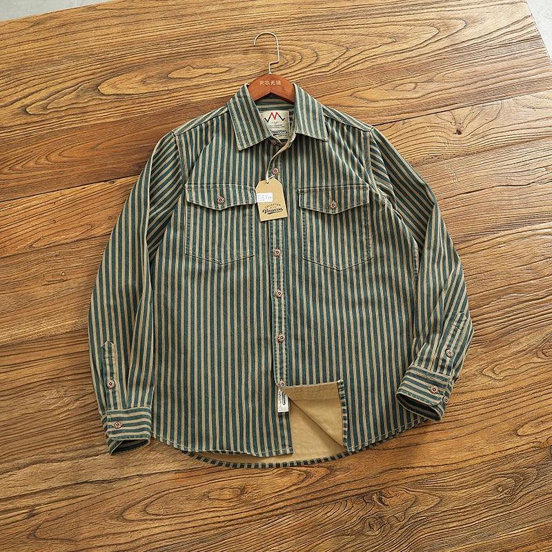 Retro Waed Distred Blue Vertical Stripe Trendy Denim irt Men's Loose American Long Sve Workwear irt Coat