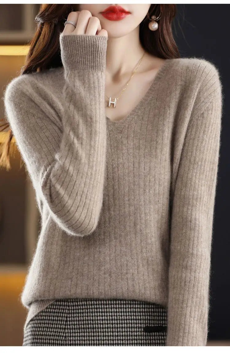 Chic Casual Autumn Winter Basic Sweater Pullovers Women V-neck Solid Knit Loose Pullover Female Long Sleeve Warm Khaki Sweater