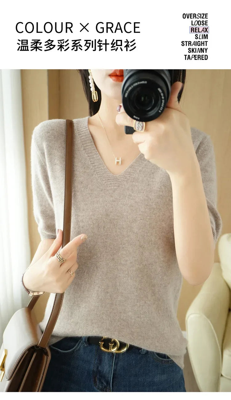 Spring/Summer 2025 Ladies Sweater Pullover Solid Color V-neck Half-sleeved Knitted Cashmere Sweater Thin Casual Top