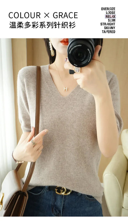 Spring/Summer 2025 Ladies Sweater Pullover Solid Color V-neck Half-sleeved Knitted Cashmere Sweater Thin Casual Top