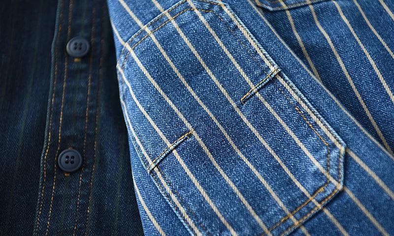 Retro Japanese Sle Men's Denim irt Cotton Long Sve Waed Striped Workwear Loose Fit Outerwear Faion Urban Youth