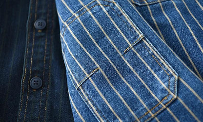 Retro Japanese Sle Men's Denim irt Cotton Long Sve Waed Striped Workwear Loose Fit Outerwear Faion Urban Youth